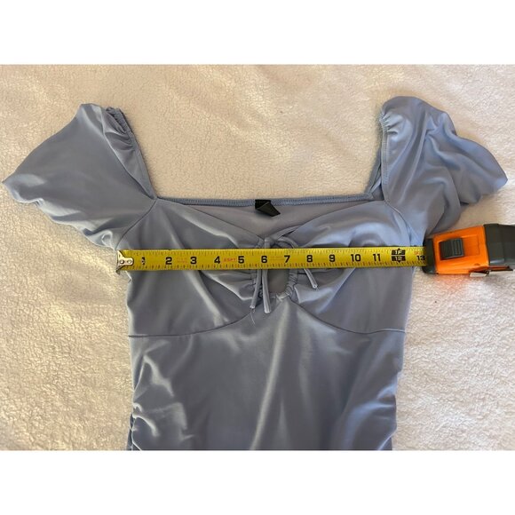 Windsor Blue Ruched Bodycon Sz S Mini Dress Puff Sleeve Square Neck Tie Front Pa - Picture 3 of 9